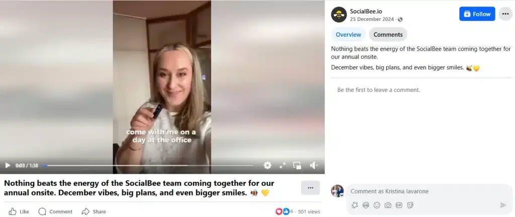 Facebook video showing a day at the SocialBee office with team vibes and holiday energy.
