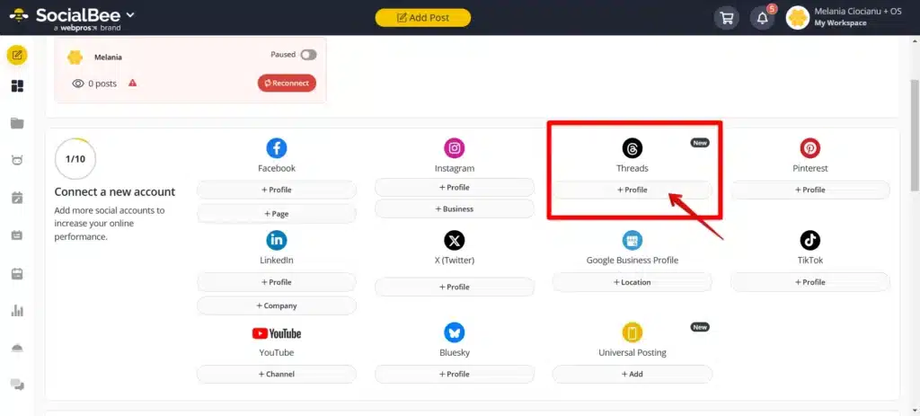 SocialBee dashboard showing various platforms to connect, with the Threads profile connection option highlighted in red.