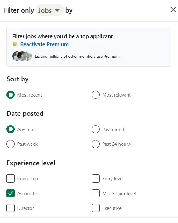 LinkedIn job search filters showing selected criteria like “Associate” and “Most recent.”