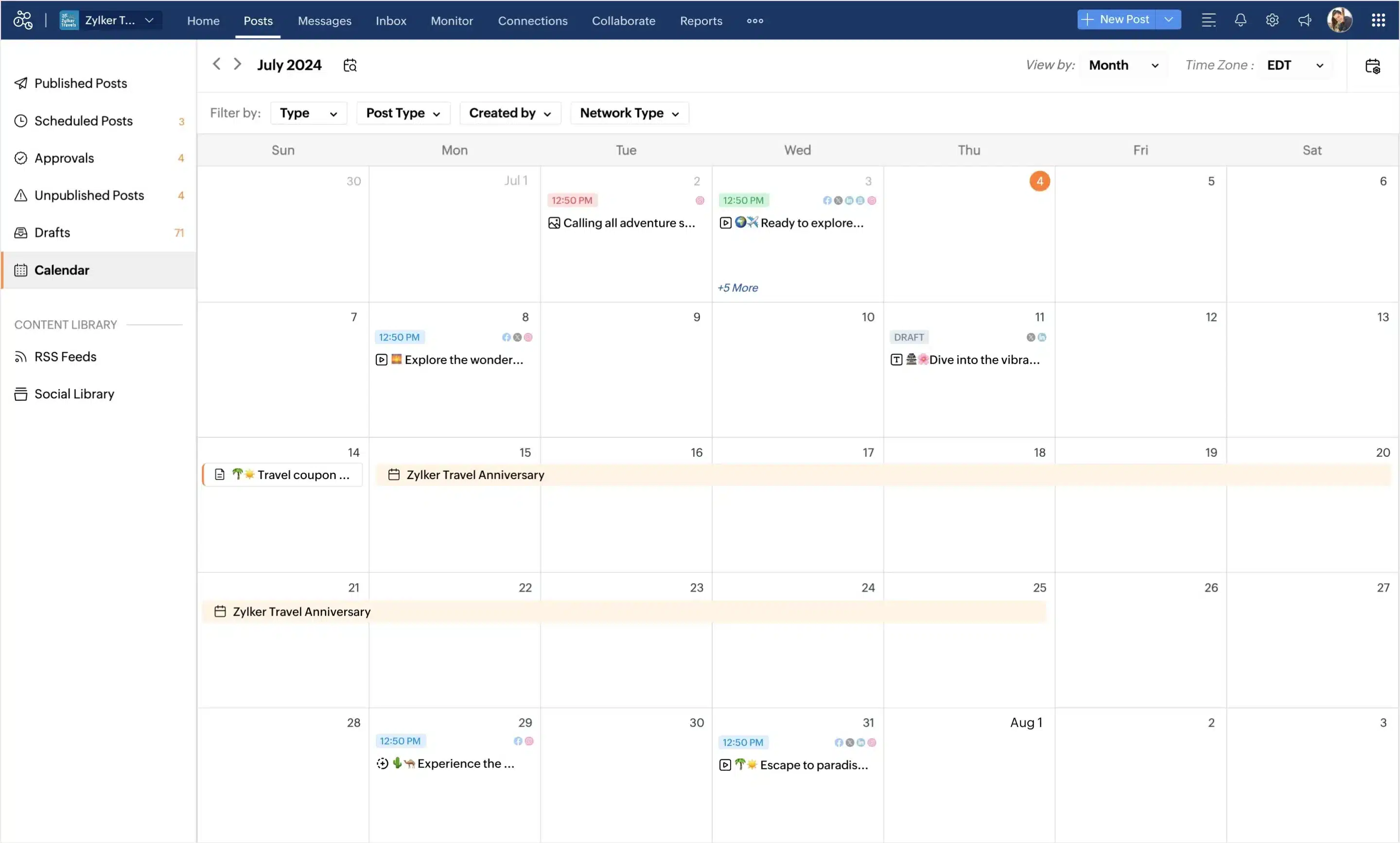 Zoho Social's calendar for July 2024, showing scheduled posts and events with sidebar navigation options.