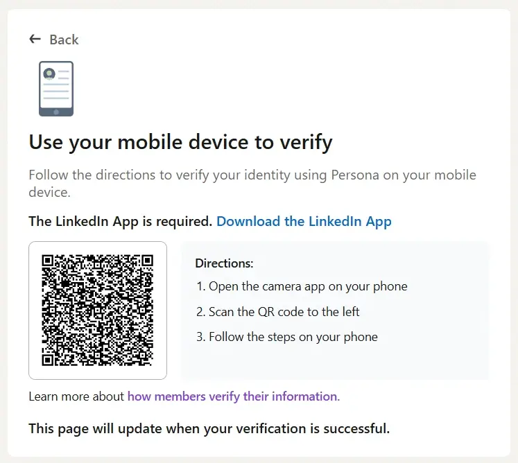 qr code to use mobile device to continue linkedin verification