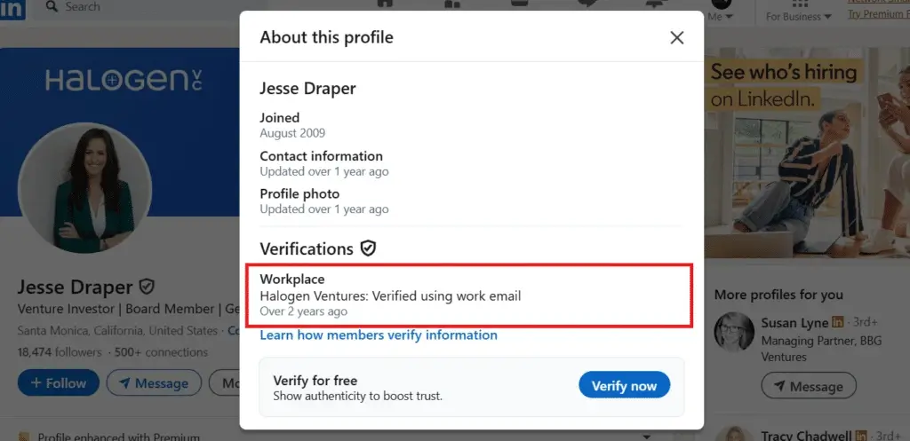 linkedin profile verified through work email