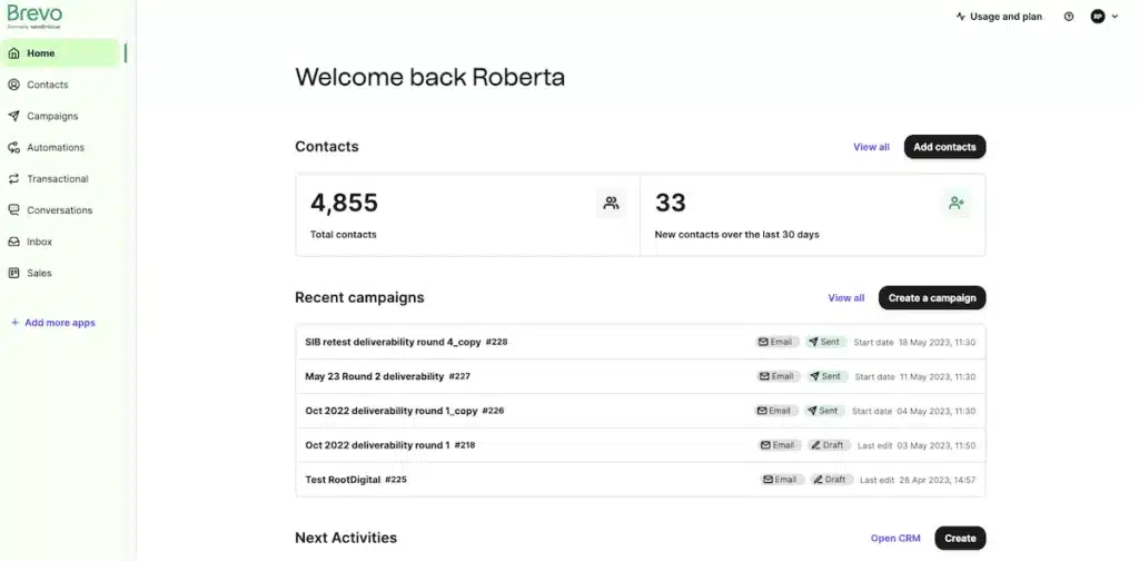 Brevo dashboard showing a welcome message, contact statistics with 4,855 total contacts and 33 new in the last 30 days, and a list of recent email campaigns with statuses like Sent and Draft.
