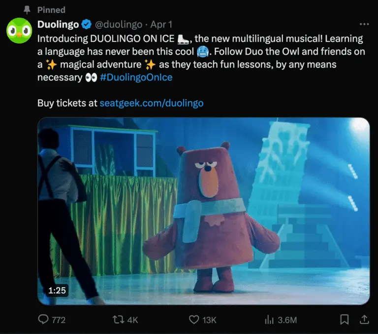 duolingo twitter post with branded hashtag #DuolingoOnIce