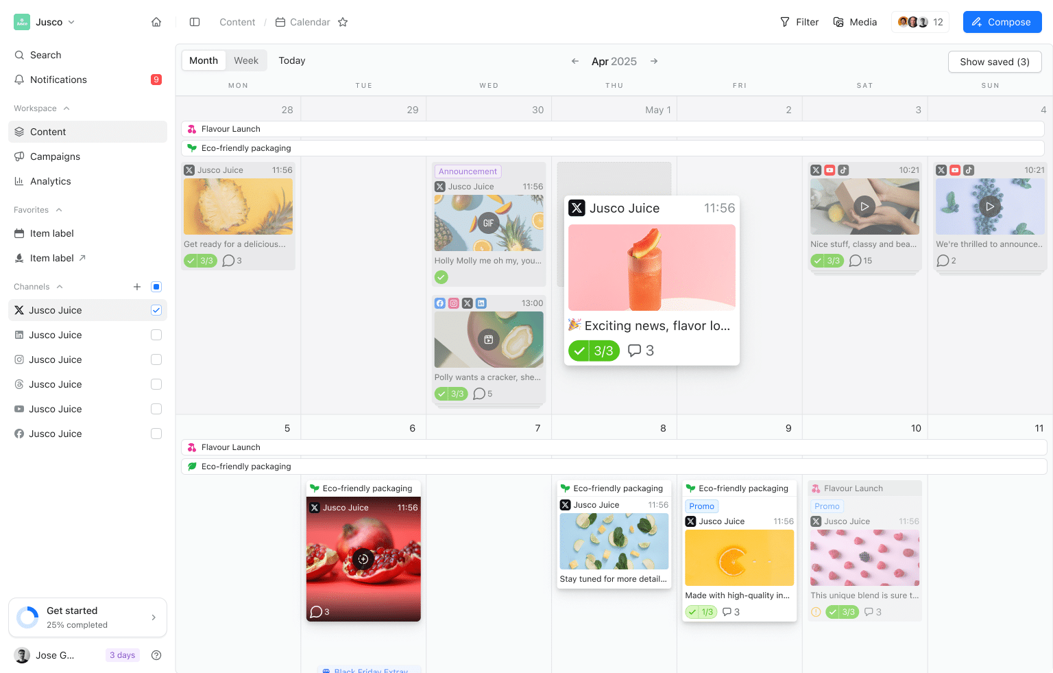 Social media content calendar in Planable, displaying scheduled X (Twitter) posts for April 2025, organized under campaigns like "Flavour Launch" and "Eco-friendly packaging."