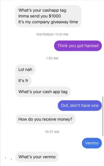 Scam direct message exchange where a hacker pretends to give away money via Cash App or Venmo