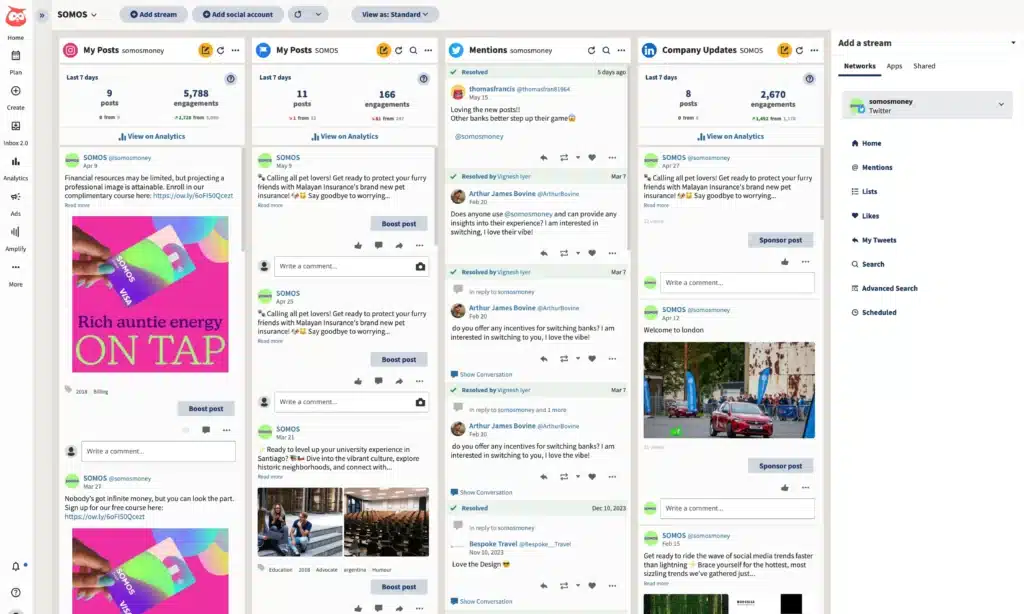 Hootsuite dashboard with columns for posts, mentions, and company updates, including images and engagement stats.