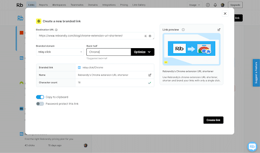 Screenshot of the Rebrandly interface for creating a new branded link, showing a shortened URL being customized.