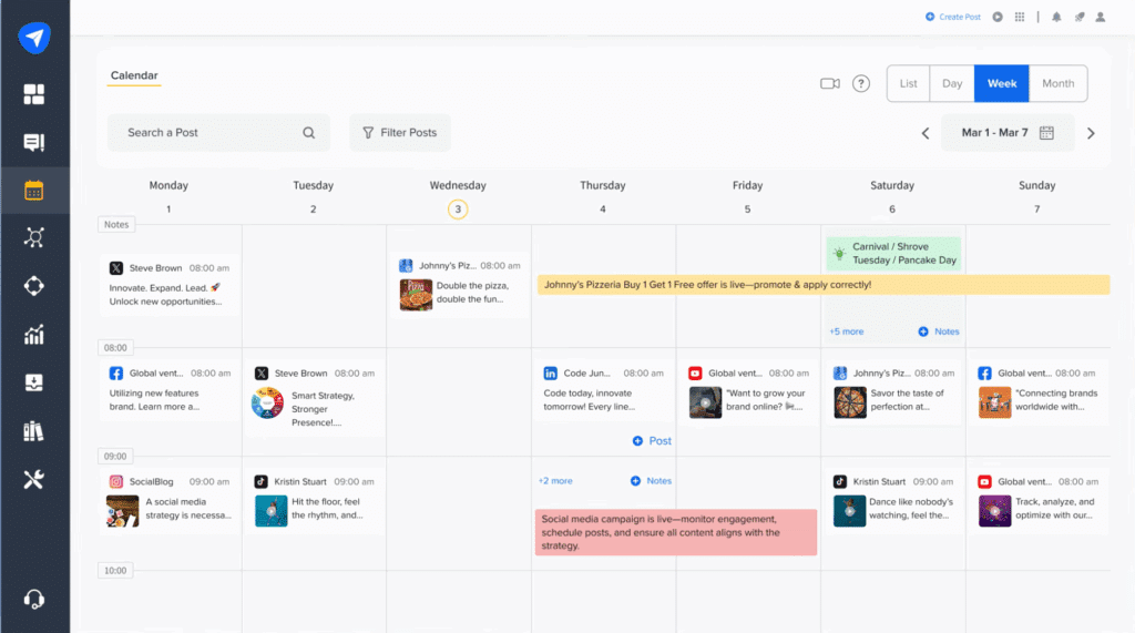 SocialPilot's calendar view displaying scheduled social media posts across multiple platforms in a weekly layout.