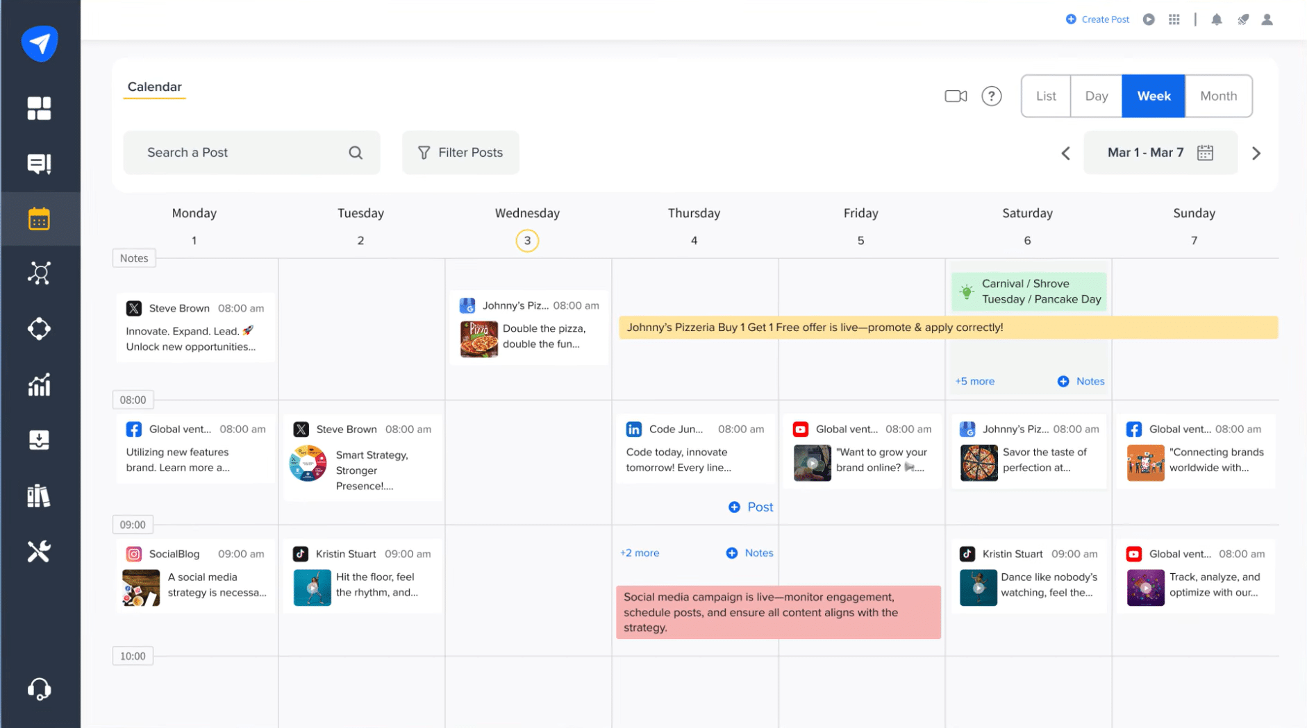 SocialPilot's calendar view displaying scheduled social media posts across multiple platforms in a weekly layout.