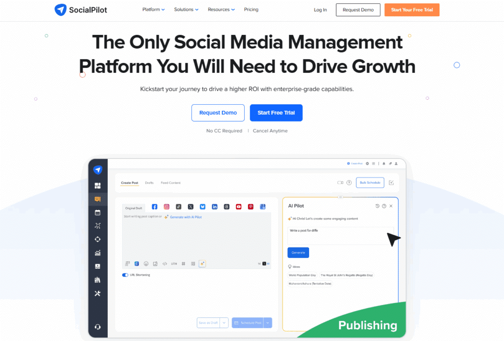 SocialPilot’s homepage showcasing a social media management platform with AI-powered post creation and publishing tools.