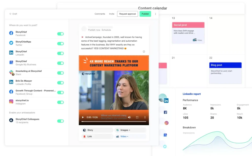 StoryChief interface showing social media toggles, a video thumbnail, a content calendar, and LinkedIn performance metrics.