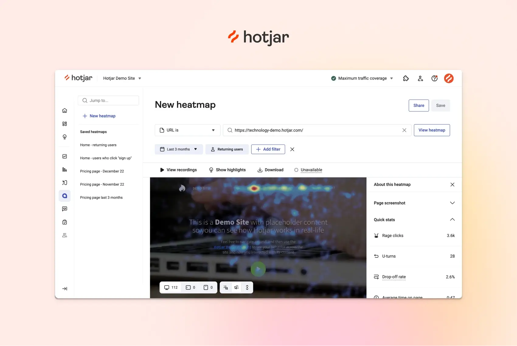 Hotjar’s heatmap interface showing user interaction data for a demo website, with filters for time and user type, plus stats like rage clicks, drop-off rate, and page recordings.