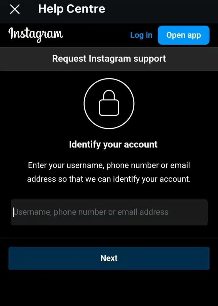 Instagram Help Centre page prompting users to identify their account using a username, phone number, or email