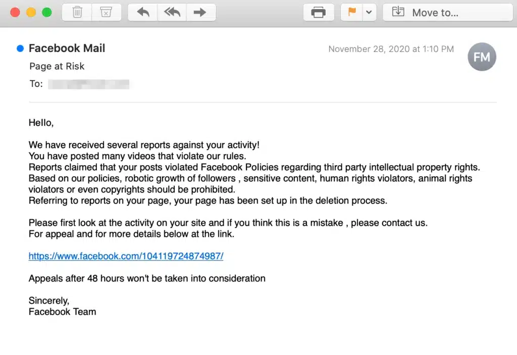 Phishing email impersonating Facebook, claiming a page is at risk and urging the user to click a suspicious link