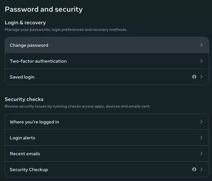 Meta security settings page displaying options like change password, two-factor authentication, login alerts, and recent emails