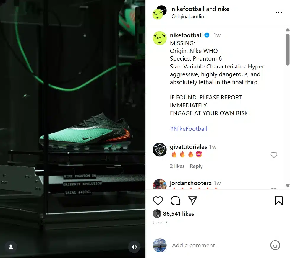 A dramatic display of a Nike Phantom 6 football boot in a high-tech case with green and black lighting. The caption mimics a missing poster, calling the shoe “hyper aggressive, highly dangerous, and absolutely lethal.”