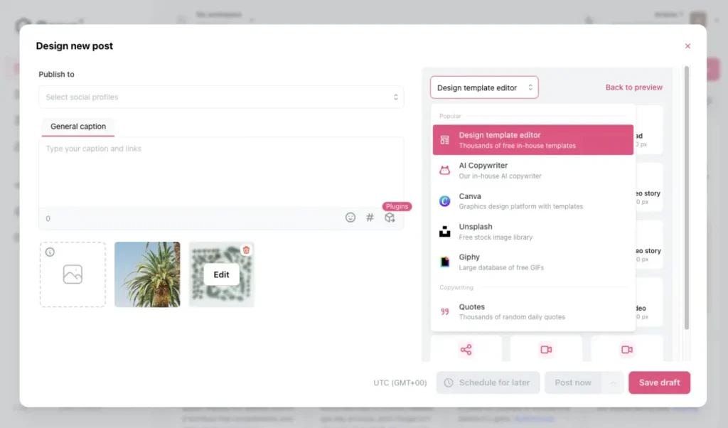 Ocoya post creation interface with social profile selection, caption input, image uploads, and tools like Canva, AI Copywriter, and Giphy.