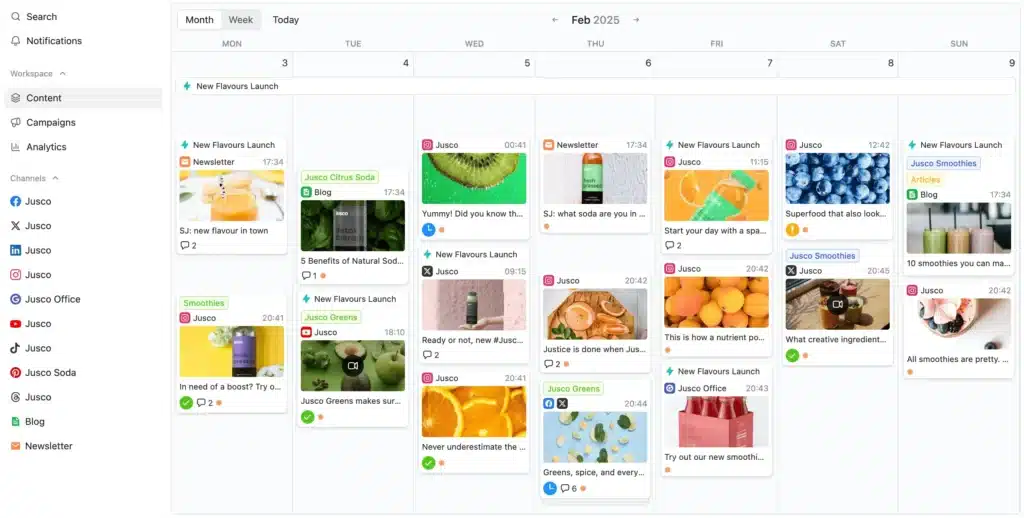 Planable content calendar showing scheduled posts for multiple social media channels.