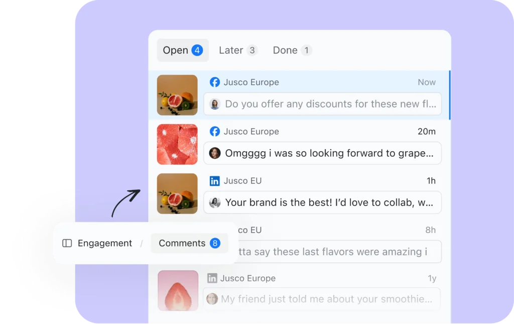 Social media engagement dashboard showing comments from Facebook and LinkedIn