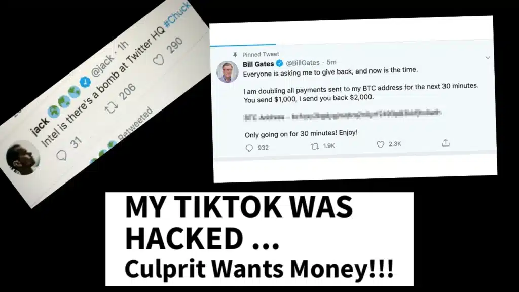 Screenshots of hacked Twitter accounts posting fake messages about Bitcoin giveaways and bomb threats.