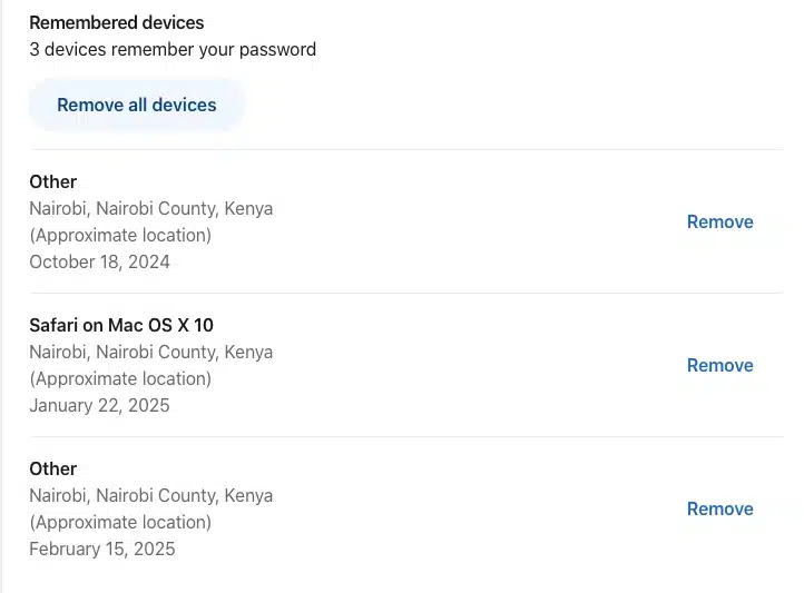 List of remembered devices with login activity from Nairobi, Kenya, suggesting possible unauthorized access.