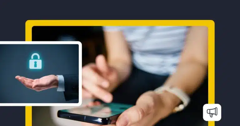 Person using a smartphone with a digital padlock graphic overlay representing social media account security.