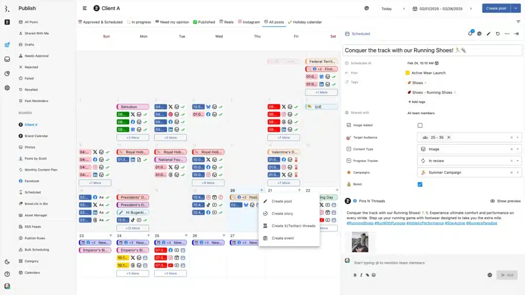 Statusbrew content calendar for Client A showing scheduled posts with platform icons and a detailed view of a post titled 'Conquer the track with our Running Shoes!'
