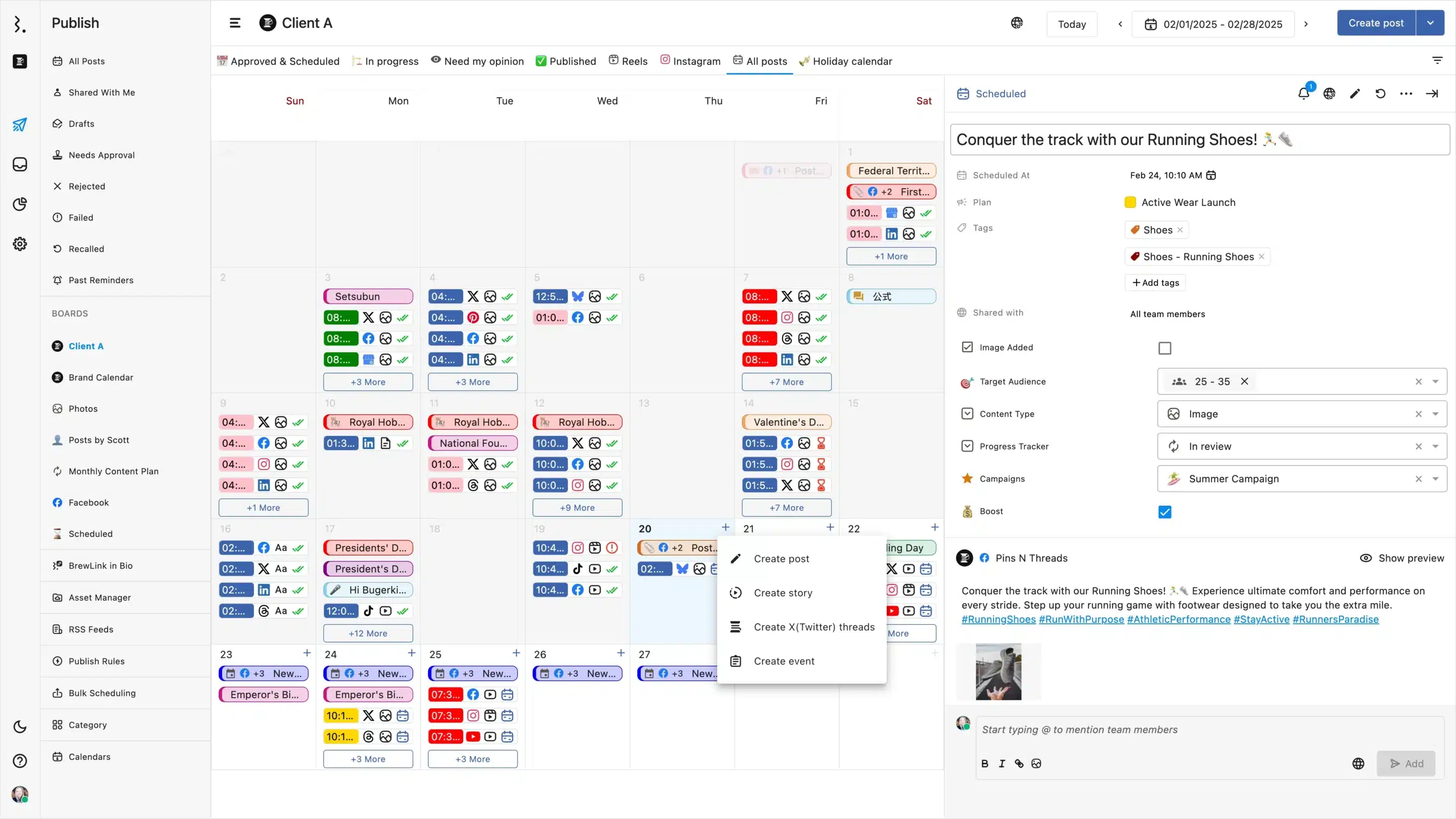 Statusbrew content calendar for Client A showing scheduled posts with platform icons and a detailed view of a post titled 'Conquer the track with our Running Shoes!'