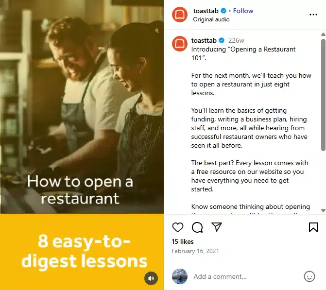 A man and woman in aprons smile while working in a restaurant kitchen. Yellow overlay text reads “How to open a restaurant – 8 easy-to-digest lessons,” promoting Toasttab’s educational content.