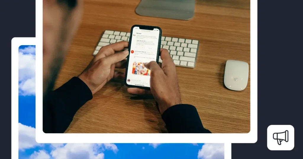 Person holding a smartphone displaying a Bluesky app post with text and image.