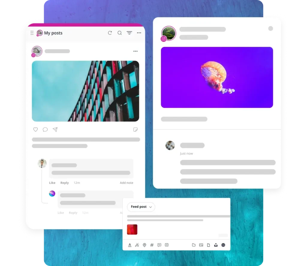 Two Instagram carousels with comments, and SocialBee's post editor with options for adding media, captions, hashtags, and scheduling.
