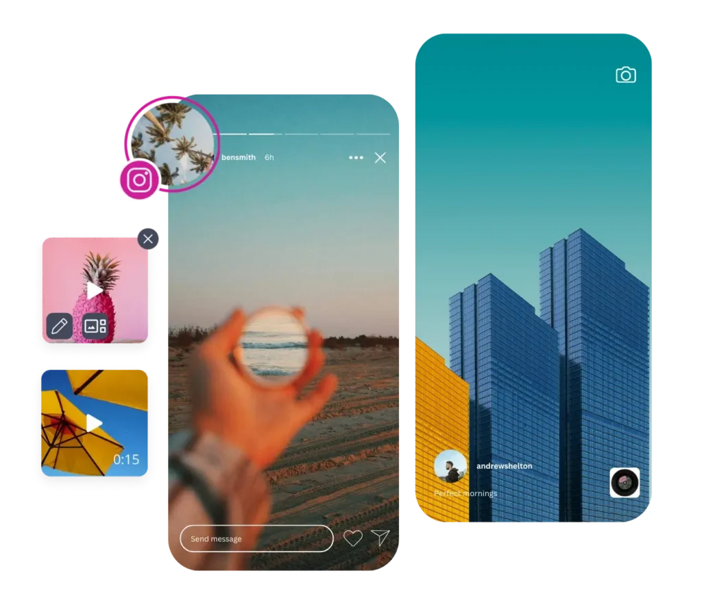A Instagram Story with a beach photo and a Reel with a city skyline photo.