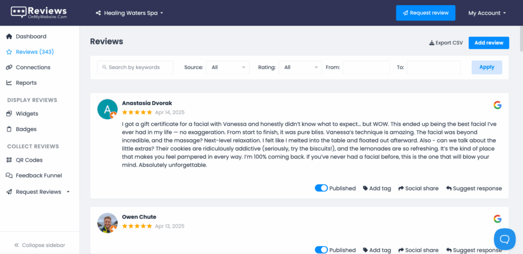 Dashboard view of a reviews management platform showing customer reviews with ratings, filters, and options to publish, tag, share, or respond.