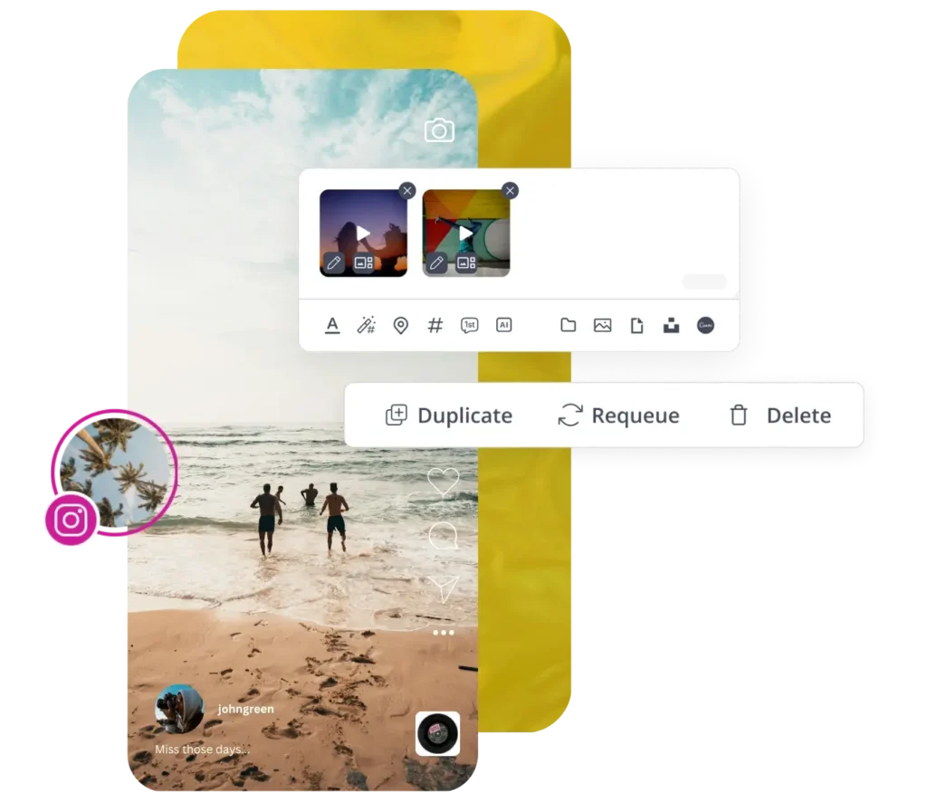 A mobile interface showing an Instagram Reel post scheduled via SocialBee. The post features three people walking into the ocean from a sandy beach under a partly cloudy sky. Overlay options from SocialBee's Instagram Reel scheduler—edit, duplicate, requeue, and delete—are visible. The username 'johngreen' is shown with the caption 'Miss those days.'