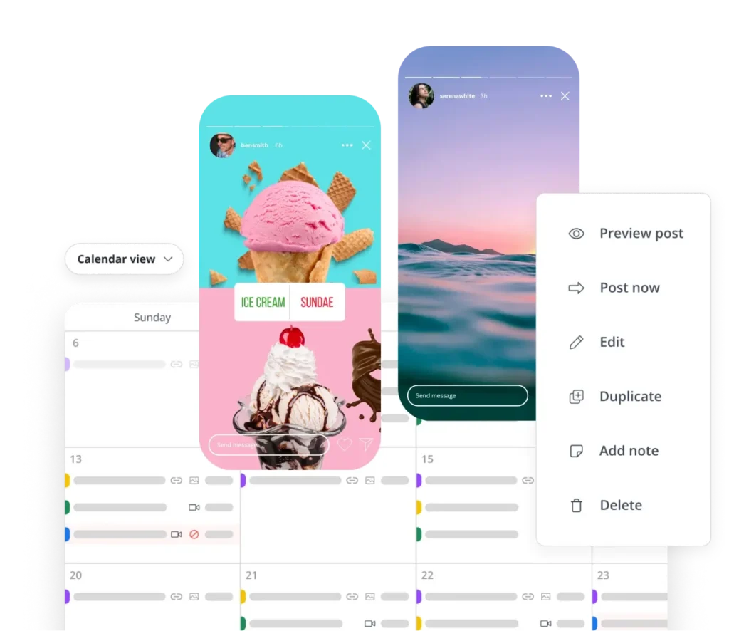 SocialBee's social media calendar interface with two Instagram stories overlaid on the calendar: a poll with two options to choose between ice cream and a sundae, and a photo of a body of water. A dropdown menu provides options such as Preview post, Post now, Edit, Duplicate, Add note, and Delete.