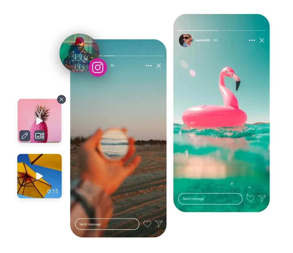 Two Instagram stories are displayed: one shows a beach, the other a pink flamingo floating in turquoise water. Below them are two smaller preview images featuring a pineapple and yellow umbrellas. Above the left story, there's a profile picture of a person wearing a red cap and patterned shirt, placed next to the Instagram logo.