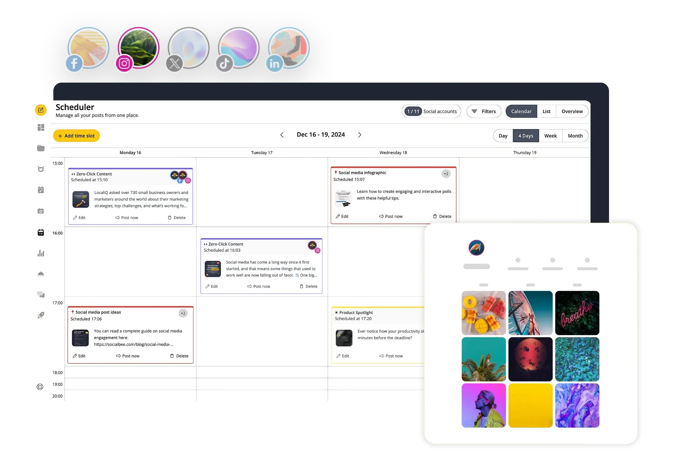 SocialBee's scheduler interface showing a weekly calendar with scheduled social media posts across platforms like Facebook, Instagram, X, TikTok, and LinkedIn. Each post includes options to edit, post now, or delete. An Instagram grid overlay on the right displays a 3x3 layout of scheduled post previews.