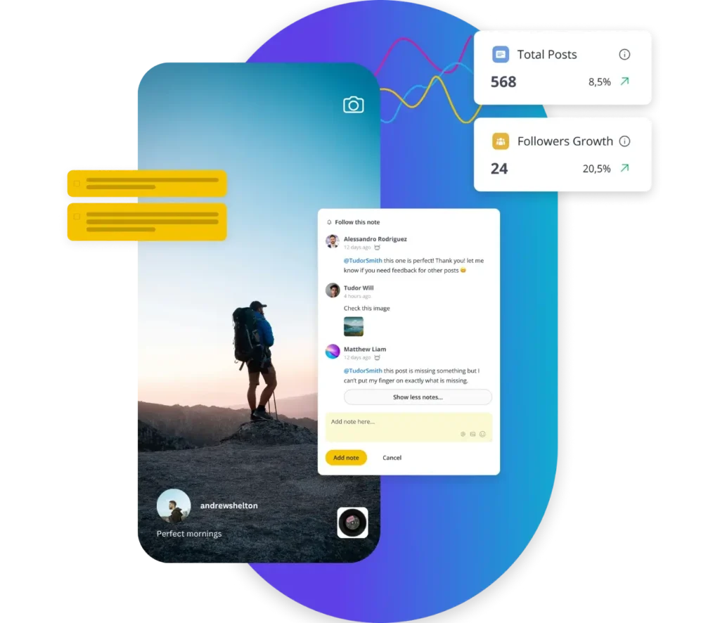 SocialBee interface showing an Instagram Reel video of a mountain scene with comments, engagement stats, and UI elements overlaid.