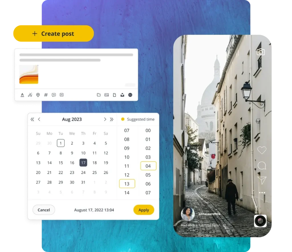 View of SocialBee’s post scheduler with a calendar and an Instagram Reel showing a Paris street.