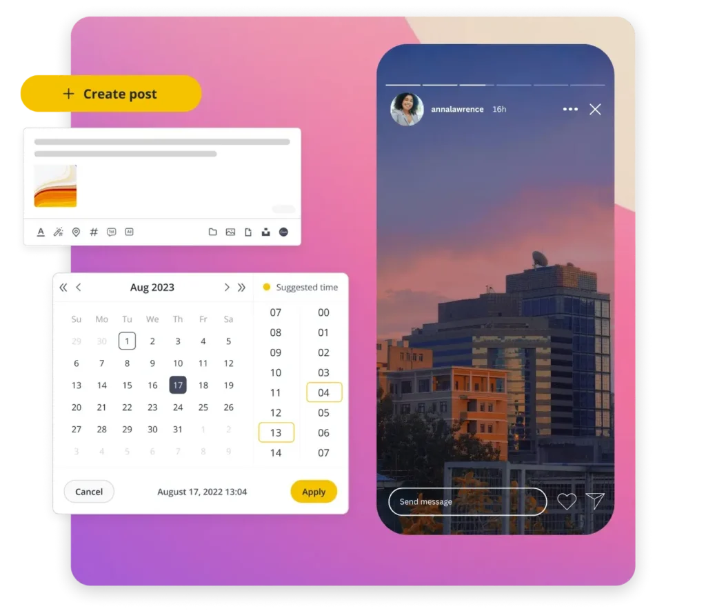On the left, a yellow "Create post" button appears above a post creation window that includes an image thumbnail and editing icons. Below, a calendar suggests optimal posting times. On the right, an Instagram story shows buildings against a sunset sky.