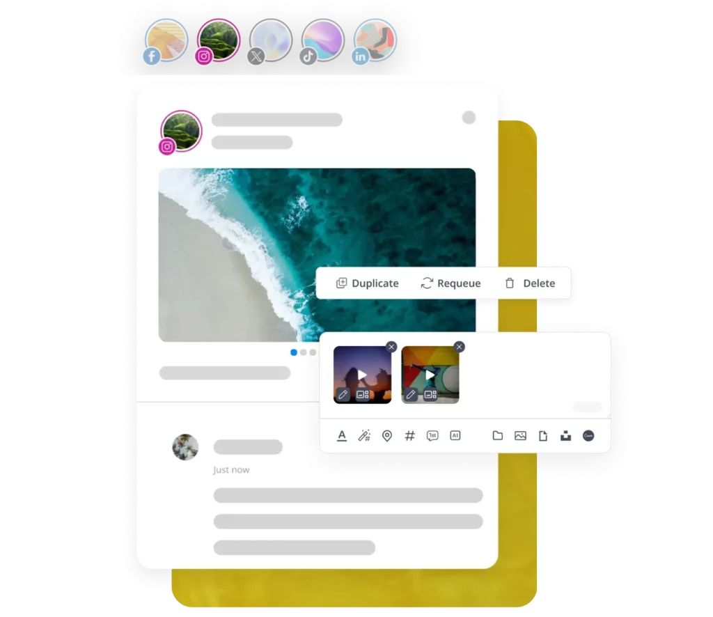 SocialBee interface showing an Instagram carousel post with multiple images, editing options, and scheduling tools for duplicating, requeuing, or deleting posts.
