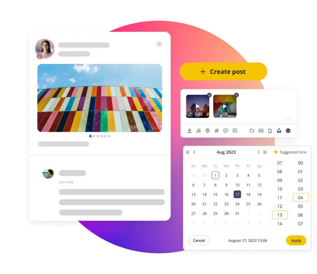 SocialBee Instagram scheduling tool showing a carousel post preview with multiple images, a create post button, and a calendar for selecting suggested posting times.
