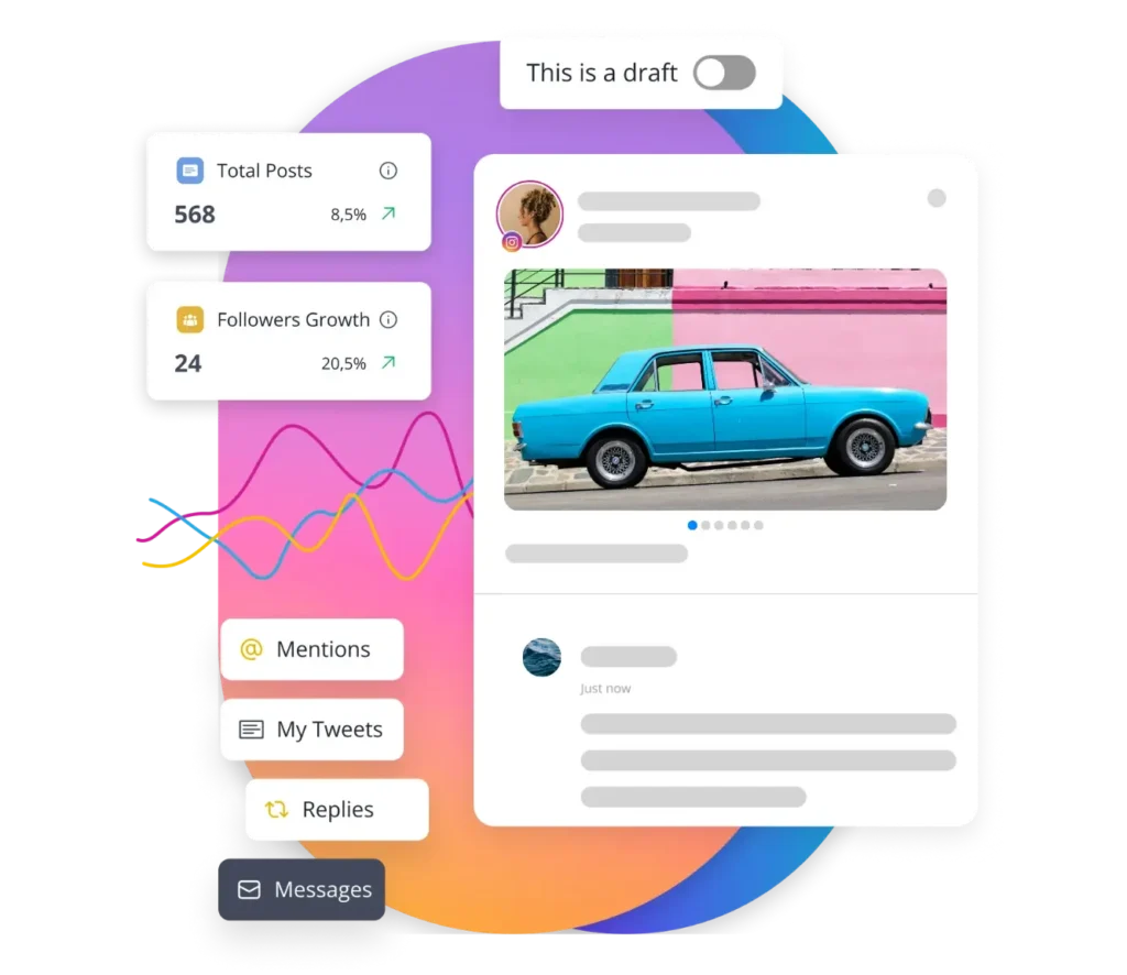 SocialBee Instagram scheduler showing a draft carousel post with analytics on total posts and follower growth, plus engagement options like mentions, tweets, replies, and messages.