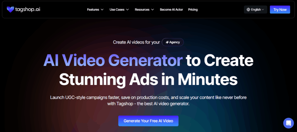 Tagshop.ai homepage promoting their AI video generator with a call-to-action button to generate a free AI video.