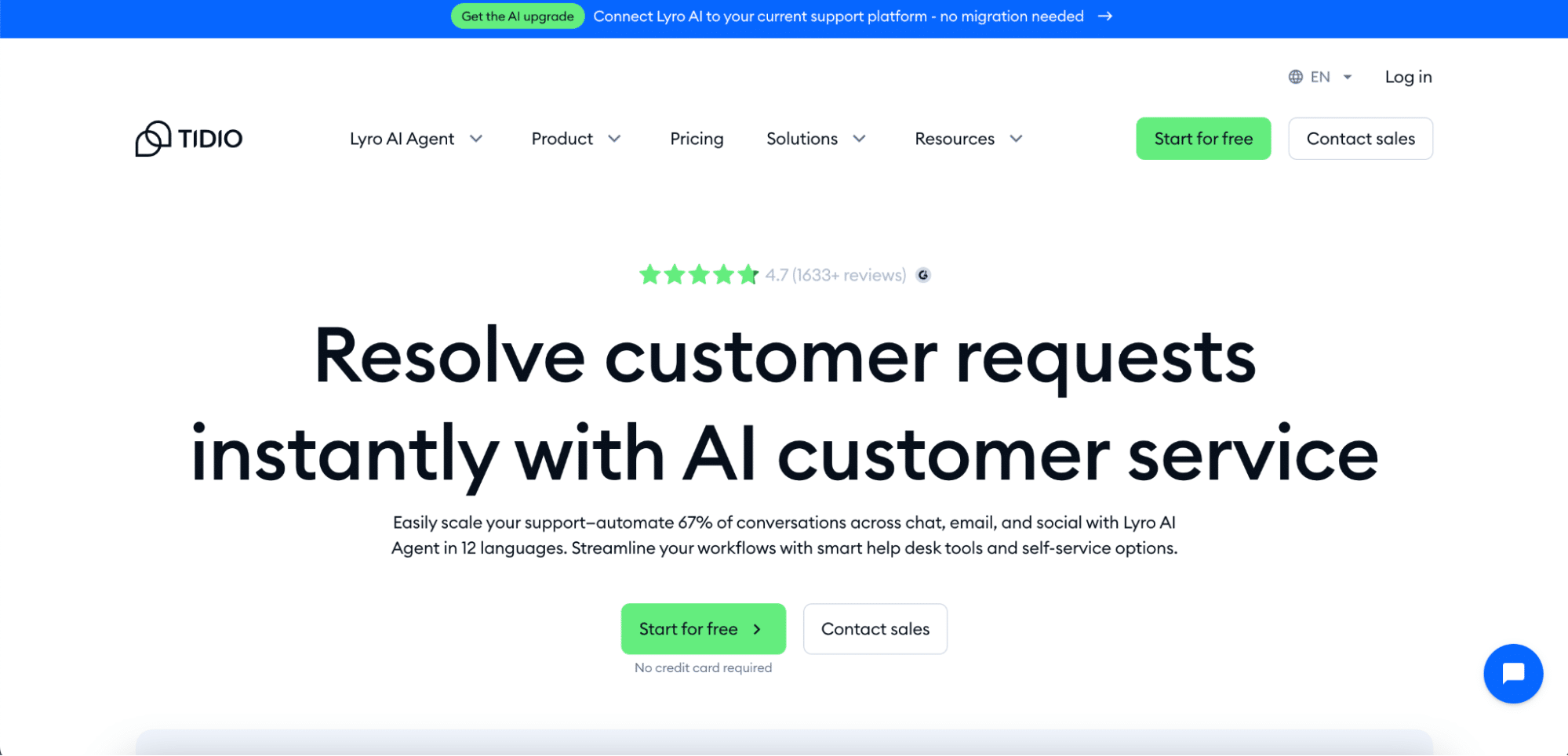 Tidio homepage featuring AI customer service.