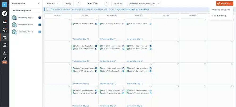 Agorapulse social media calendar showing scheduled posts across multiple profiles in a monthly view.
