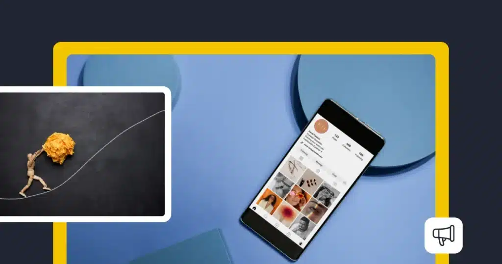 Visual representation of brand consistency: a smartphone displaying a styled Instagram profile on a blue background, overlaid with an image of a wooden mannequin pushing a crumpled paper ball uphill.