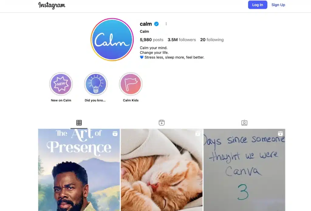 Calm app's Instagram profile page featuring a blue and purple gradient logo, 3.5M followers, and highlighted stories like Calm Kids and Did You Know, with preview posts including a cat, a quote board, and a podcast image
