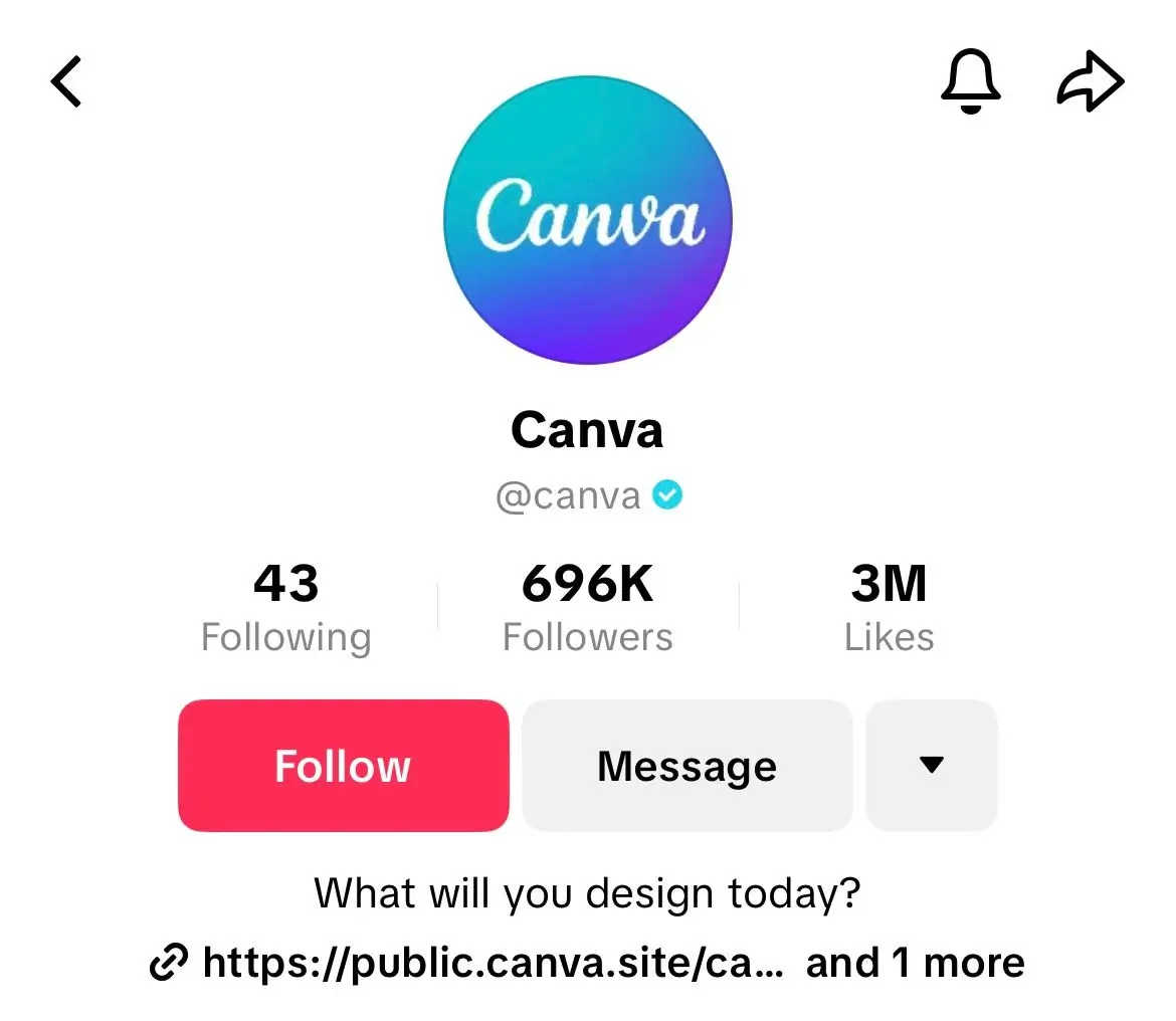 TikTok profile of Canva (@canva) showing 696K followers and 3 million likes, with a verified badge, a follow button, and the bio “What will you design today?” followed by a public Canva link.